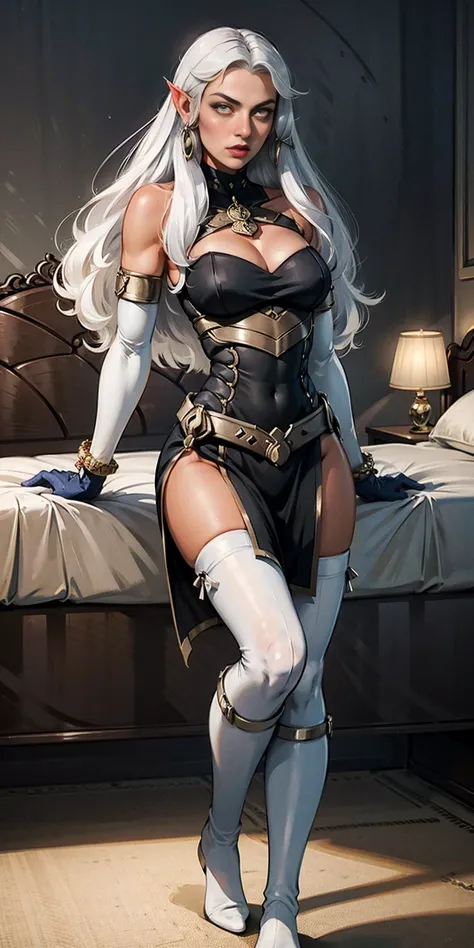 (yellow eyes), white hair, silver hair, very long hair, straight hair, solo, adult woman, tall, slightly muscular, large breasted, cleavage, constricted waist, toned body, slight abs, thin dark skin, pointy ears, lipstick, makeup, black eyeshadow, circlet,...