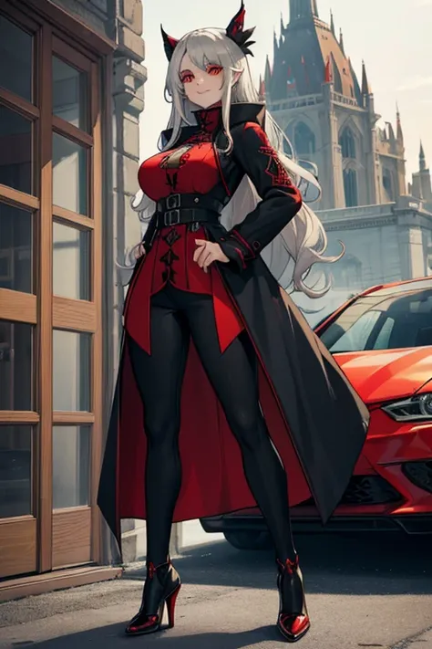 female, silver long hair with black highlights, red eyes, (((1girl))), (((red gothic coat with yellow trim))), (black shirt), (red pants), (black dress shoes), cute and sexy, full body, large breasts, large butt, long legs, smiling