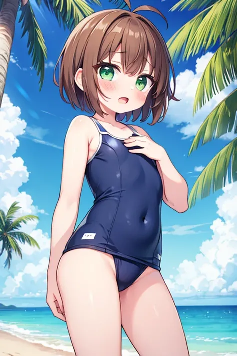 1girl, kinomoto sakura, swimsuit, beach, outdoors, solo, ass, school swimsuit, green eyes, palm tree, tree, brown hair, short hair, day, looking back, beach,open mouth,blush,small hip,crying face,antenna hair,get wet,flat chest