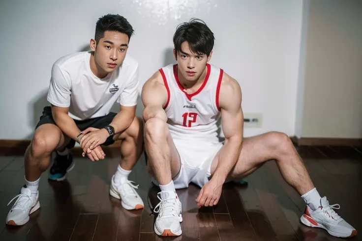 3 young people，Handsome，musculous，hairy bodies，athletic sneakers，White  socks，White sports shorts（Detailed eyes：1.3），Black eyes，full bodyesbian，