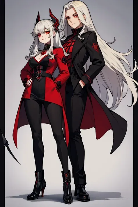 female, silver long hair with black highlights, red eyes, (((1girl))), (((red gothic coat with yellow trim))), (black shirt), (red pants), (black dress shoes), cute and sexy, full body, large breasts, large butt, long legs, smiling