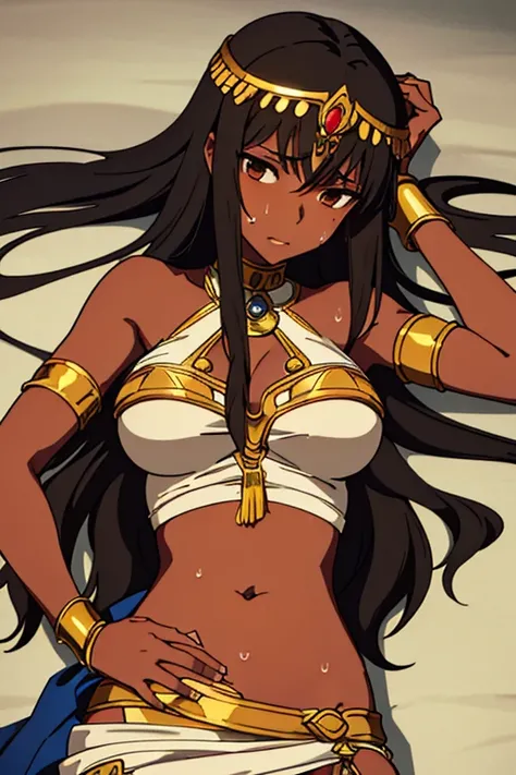 (best quality, masterpiece), brown skinned anime Cleopatra wearing a halter top and long skirt, famished in hunger, (gently resting hands on stomach), (sweating), (lying down), (long black hair), (hands on stomach), (pressing stomach with her fingers)