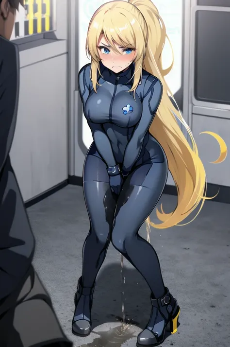 samus aran, (facing viewer:1.25), ponytail, hair tie, blue gloves, blue bodysuit, high heels, (standing straight:1.5), peeing herself, wetting herself, peeing stain, pee stain, best quality, ultra-detailed, HDR, studio lighting, professional, vivid colors,...