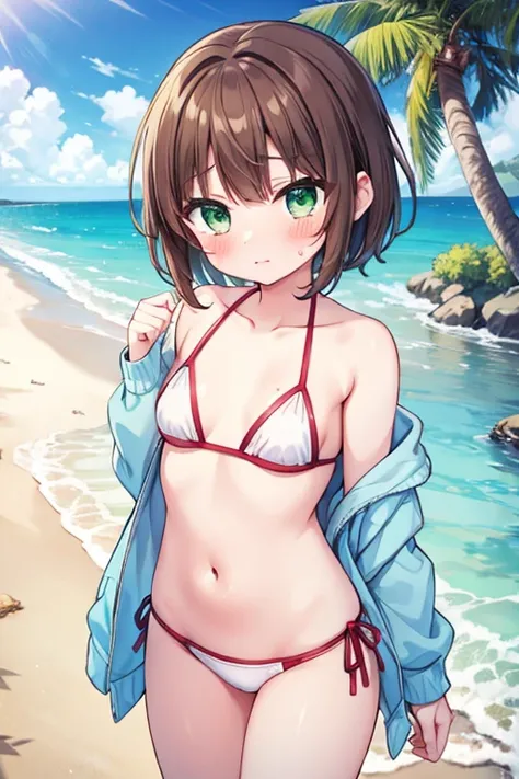 1girl,bikini,kinomoto sakura, solo, green eyes, brown hair, short hair, antenna hair, beach,palm tree,shiny, looking at viewer, flat chest,blush,pussy,wet clothes,crying face,high reg