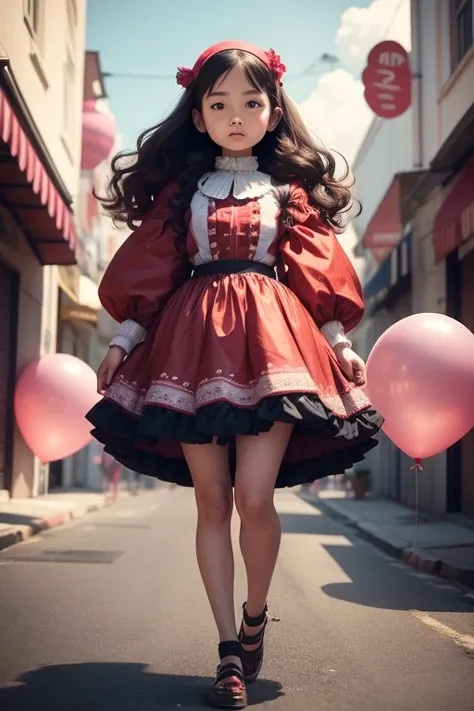 doll, a 12 years old girl, holding balloons, full body, real photo, looking above at me,