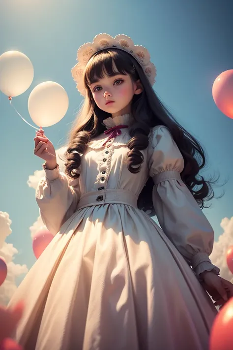 doll, a 14 years old girl, holding balloons, full body, real photo, looking above at me,