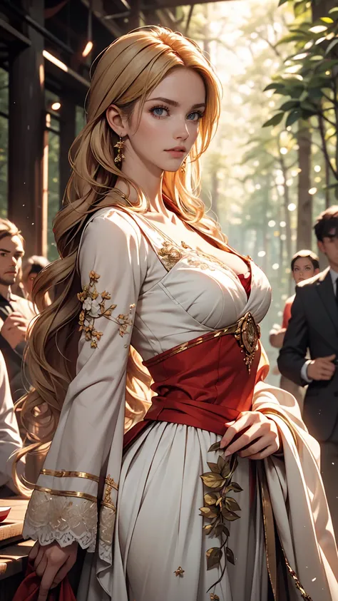 Beautiful girl with long white hair, Fair skin, and red eyes, In a forest with movie-like lighting, dark and little light. She is wearing a golden white dress, Her eyes were focused, Looking at the audience. Her skin is white, Her face was delicate and per...