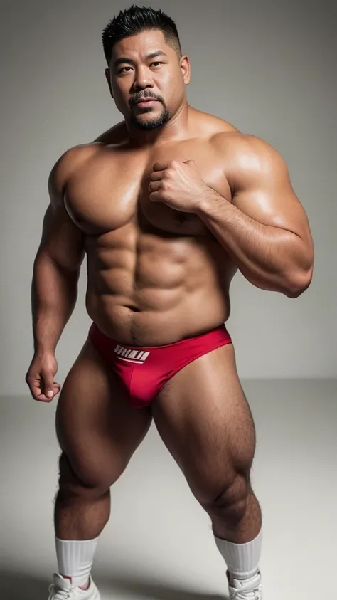 black hair, middle-aged man, individual, male, Muscular wrestler, muscular, Stout wrestler, Asian, Japanese, uncle, 55 year old middle-aged man, short hair, short hair, red wrestling boots, full body portrait, shadow, Vision, red briefs, obesity, 45 years ...