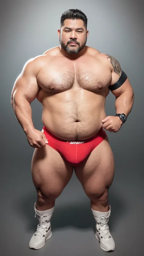 black hair, middle-aged man, individual, male, Muscular wrestler, muscular, Stout wrestler, Asian, Japanese, uncle, 55 year old middle-aged man, short hair, short hair, red wrestling boots, full body portrait, shadow, Vision, red briefs, obesity, 45 years ...