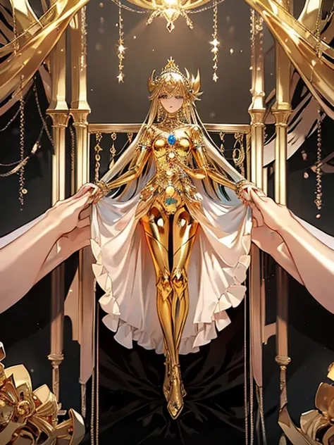 maria is resurrected with a golden mechanical body,
 masterpiece, full body portrait,
 the face is a clean and beautiful human f...