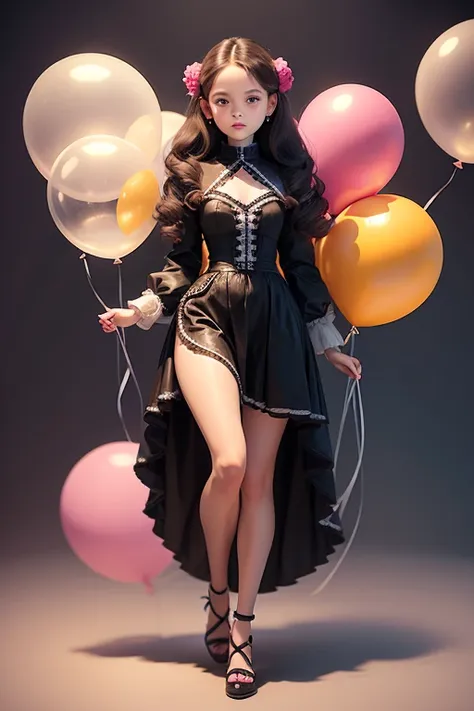 doll, a 14 years old girl, holding balloons, (((full body))), real photo, looking above at me, brat