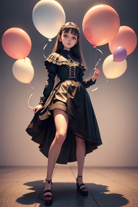 doll, a 14 years old girl, holding balloons, (((full body))), real photo, looking above at me, brat