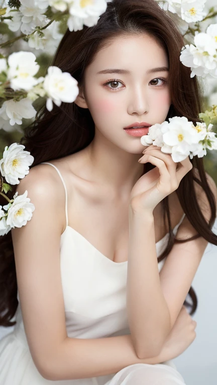 （real， High resolution：1.3）， One girl with a perfect body，16 years old, Very beautiful face and eyes，Long Hair， White dress：1.2，The background is covered with white flowers