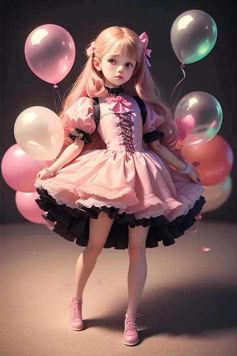 doll, a 14 years old girl, holding balloons, (((full body))), real photo, looking above at me, Brat, pink