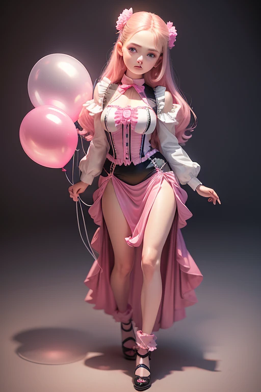 doll, a 14 years old girl, holding balloons, (((full body))), real photo, looking above at me, brat, pink