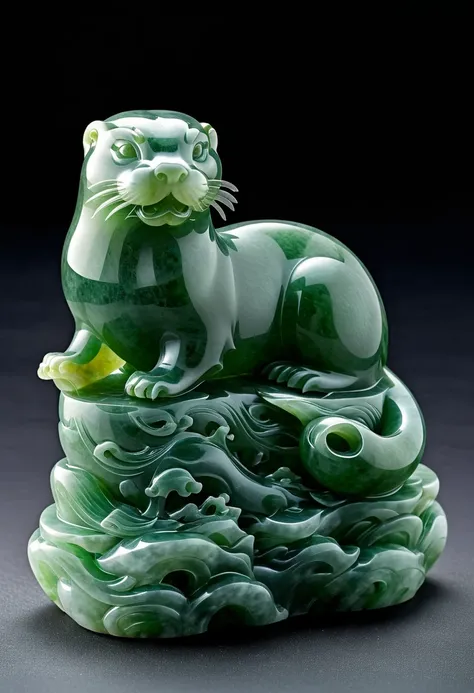 best quality, ultra-detailed, realistic, jade carved from solid stone, jade sculpture art, intricate details, lifelike portrayal of a water otter, beautiful jade texture, exquisite craftsmanship, vivid colors, natural lighting