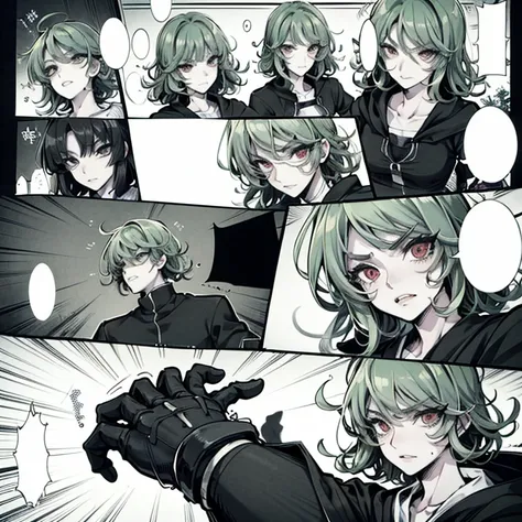 a close up of a person with red eyes, tatsumaki with green curly hair, angry light, mamimi samejima, [ metal ], anime wallaper, the artist has used bright, toga, isekai manga panel, enraged, miko, by Nōami, clean brutal blooded face