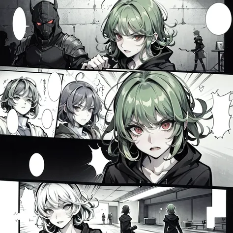 a close up of a person with red eyes, tatsumaki with green curly hair, angry light, mamimi samejima, [ metal ], anime wallaper, the artist has used bright, toga, isekai manga panel, enraged, miko, by Nōami, clean brutal blooded face