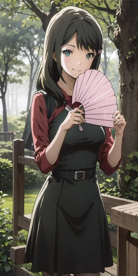 a woman with short dark brown hair, faint green eyes, smiling in a fantasy world forest, holding a fan with one hand, big breast...