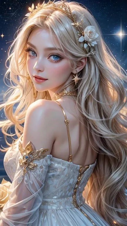 from the front, Look directly at the viewer,  angel,A charming and kind smile, White skin、Big Blue Eyes, Long eyelashes、Blond hair with loose waves,Beautiful gold engraving, jewels and white rose hair ornament、 White soft material angel dress,Space backgro...