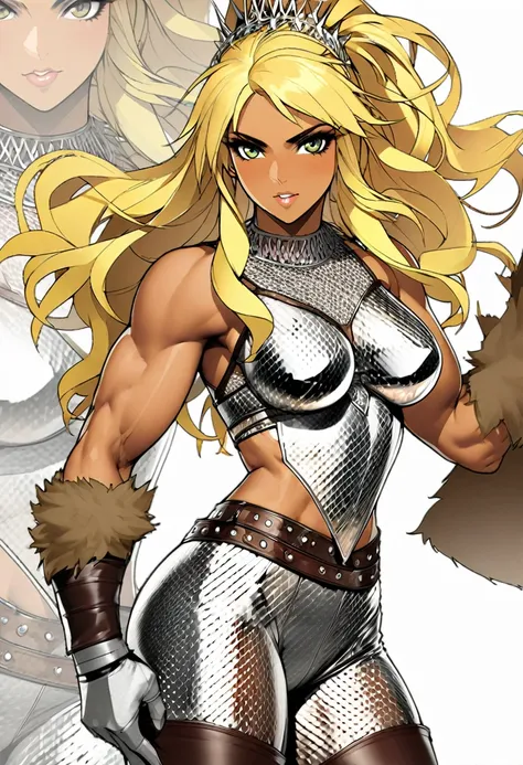 solo, (Shakira), tanned, ifbb, indian, tan skinned, barbarian, tan skin, wbff, warrior, queen, captivating, furs, leathers, transparent crystal armor, blonde, leather pants, lineart only, translucent chainmail