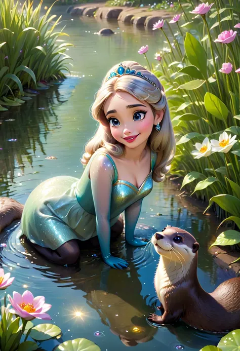 disney princess,leaning over,talking to a river otter in a pond,illustration,realistic,colourful,detailed eyes,flowers in the background,sparkling water,happy expressions,best quality,ultra-detailed,beautiful detailed lips,cute,pastel colors,soft lighting....