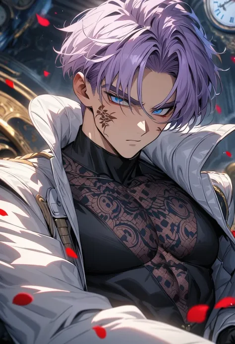 absurdres, highres, ultra detailed, HDR, masterpiece, extremely detailed face and eyes, perfect face, Trunks, light-purple hair, expressive blue eyes, Dragon Ball Z, solo, sexy man, handsome, white coat, tight black shirt, patterns, red roses, black gloves...