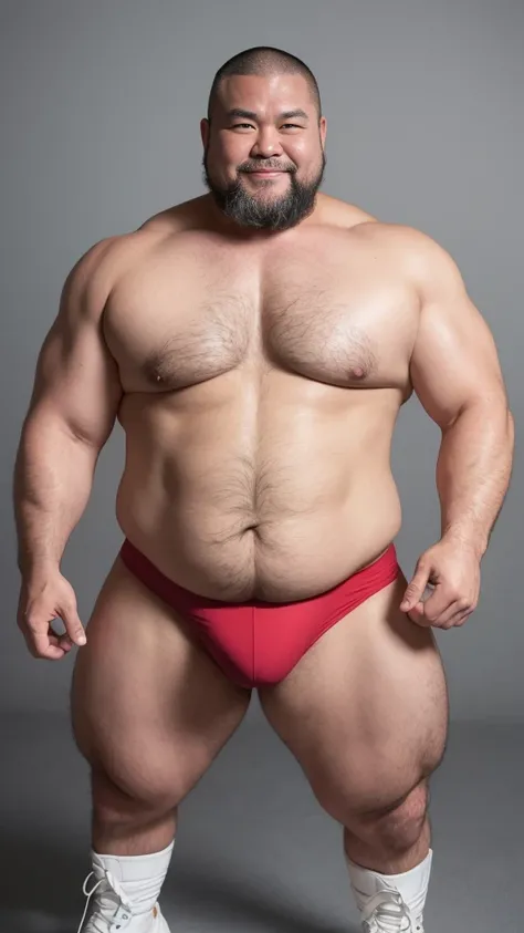 white hair, old man, individual, male, Muscular wrestler, muscular, Stout wrestler, Asian, Japanese, uncle, 55 year old middle-aged man, short hair, short hair, red wrestling boots, full body portrait, shadow, Vision, red briefs, obesity, 45 years old, sho...