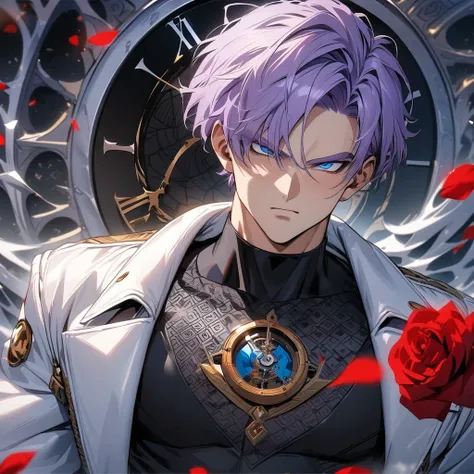 absurdres, highres, ultra detailed, HDR, masterpiece, extremely detailed face and eyes, perfect face, Trunks, light-purple hair, expressive blue eyes, Dragon Ball Z, solo, sexy man, handsome, white coat, tight black shirt, patterns, red roses, black gloves...