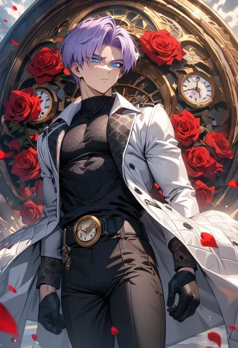 absurdres, highres, ultra detailed, HDR, masterpiece, extremely detailed face and eyes, perfect face, Trunks, light-purple hair, expressive blue eyes, Dragon Ball Z, solo, sexy man, handsome, white coat, tight black shirt, black pants, patterns, red roses,...