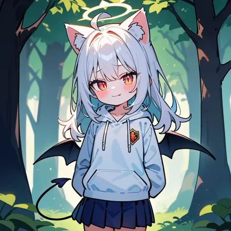 （masterpiece：1.2，high quality），8K，High resolution，A seven-year-old girl，cute girl，white hair，long hair，light red eyes，slit pupils， ahoge，cat ears，evil smile，fang out，Halo，It has black wings on the back，Wearing a white hoodie，Dark blue pleated skirt，Stand i...