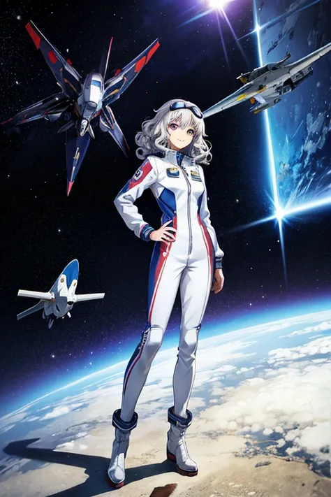 Anime Art、Full body portrait、Space SF Pilot、A woman, about 35 years old, standing upright, about 175cm tall, wearing a silver jumpsuit and goggles、Bossy smile、Curly medium length silver hair、Silver Eyes、boots