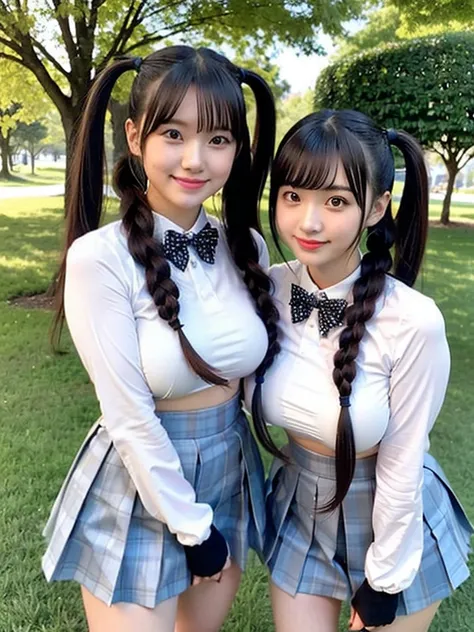 Two girls taking a photo in front of a tree, sakimichan, Chiho, Twin tails, 🍁 cute, Ulzzang, 🚿🗝📝, Twin tails hairstyle, seifuku, 8k selfie, shikamimi, Two Pigtails Hairstyle, Middle Metaverse, Twin tails white_gloves,(Huge breasts:1.3), mini skirt, whole b...