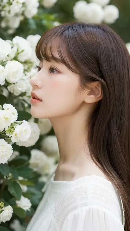 （real， High resolution：1.3）， One girl with a perfect body，16 years old, Very beautiful face and eyes，profile、Long Hair，bangs, White blouse dress：1.2，The background is covered with white flowers,Fleeting atmosphere,Breeze