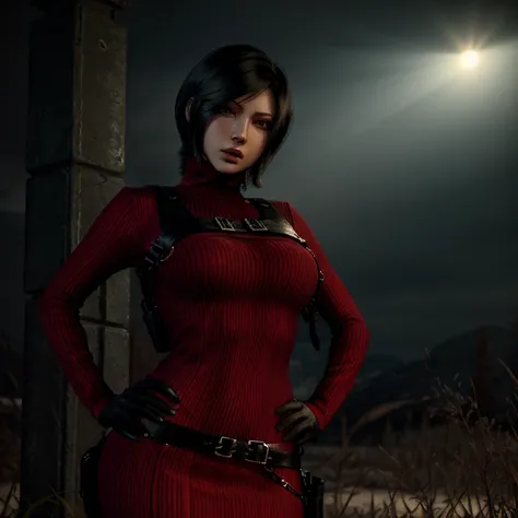 (masterpiece, best quality:1.4), insaneres, absurdres, solo, looking at viewer,BREAK GAME_ResidentEvil4Remake_AdaWong_ownwaifu, 1girl, asian, black hair, short hair, brown eyes, lips, bangs, large breasts, red lips, makeup, lipstick, sweater, dress, gloves...