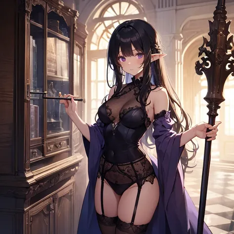 Long cut hair、Black Hair、Elf、Brown Skin、Purple Dress、garter belt、stockings、Cane、Wizard