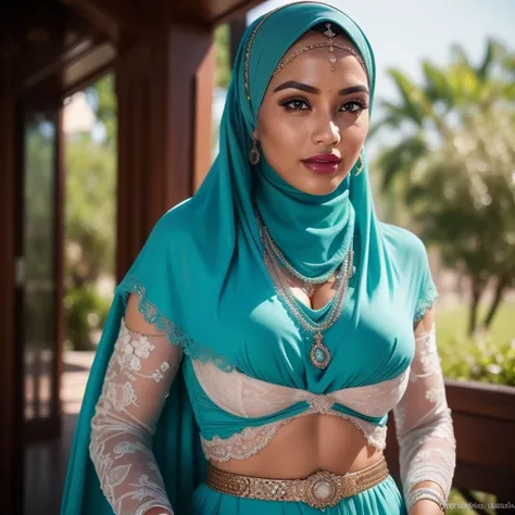 Malaysian girl ,malay, The whole body consists of a young girl with hijab, Eye makeup, 21yo, Cat ears, Soft lighting, Solo, Wear shabby clothes, Dirty, Tattered futuristic bikini, Cats paw badge, Pose, spot color, rendering by octane, Ultra-realistic intri...