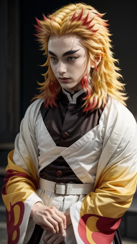 a boy, rengoku(demon slayer)), looking at the camera, mix hair color(( yellow and red at tips)), re big eyes, confident looking ...