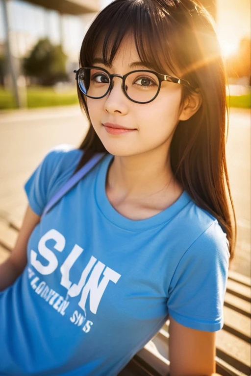 Image of a girl with glasses, who looks at the sun, for advertising flyer