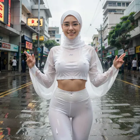 Young beautiful sweet sundanese Bogor city girl, 24 years old, slim body, georgeus face, no underwear must view, wearing  wet white thin hijab, wearing wet white very thight  see through transparent t-shirt, wearing wet white thight strict transparent legg...