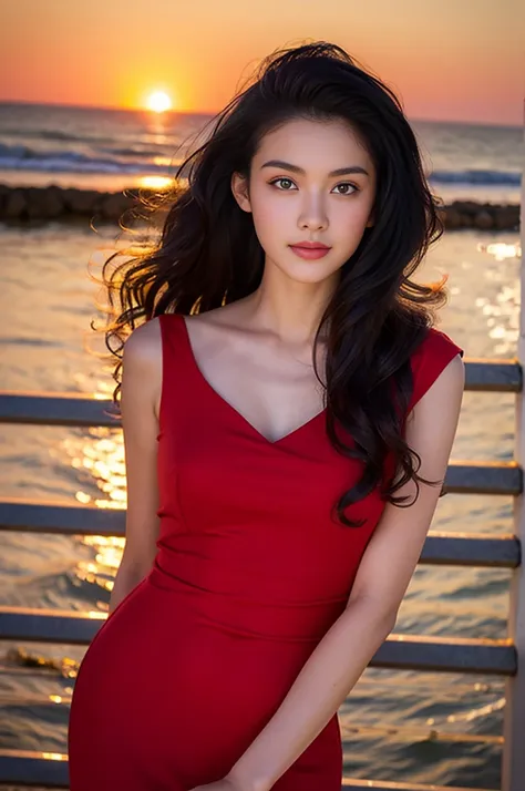 (best quality, masterpiece:1.2), 18 year old girl, Wearing a red dress, at the seaside, night light, realistic face, Perfect body, good anatomy, perfect face, curly long hair, black hair, photorealism, Super detailed, high quality, Posing for photos, Sexy