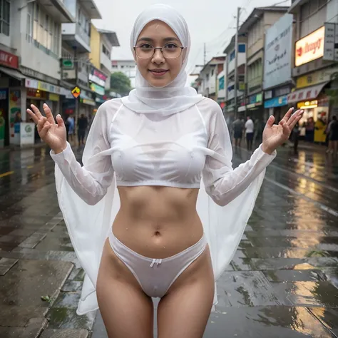 Young beautiful sweet sundanese Bogor city girl, 24 years old, slim body, georgeus face, no underwear must view, wearing  wet white thin hijab, wearing wet white very thight  see through transparent bra, wearing wet white thin strict transparent panty, sta...