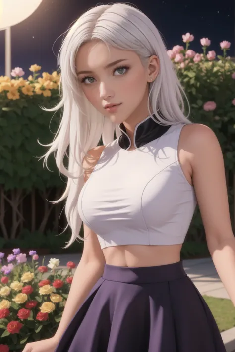 realistic, 1 girl, white hair, purple eyes, brilliant eyes, crop top, skirt, parted lips, blush, night, flowers, sun, sunlight,