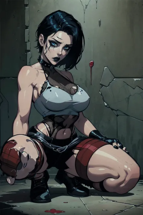 a woman with short black hair, hair on shoulders,  wearing a black cropped  and plaid skirt, blue eyes, zombie art, gothic art, cute aesthetic with vibe, toon aesthetic, wearing red costume, wearing gothic accessories, look like Cassie Hack, whole body, on...