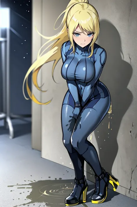 samus aran, (facing viewer:1.25), ponytail, hair tie, blue gloves, blue bodysuit, high heels, (standing straight:1.5), peeing herself, wetting herself, (peeing stain:1.25), pee stain, best quality, ultra-detailed, HDR, studio lighting, professional, vivid ...