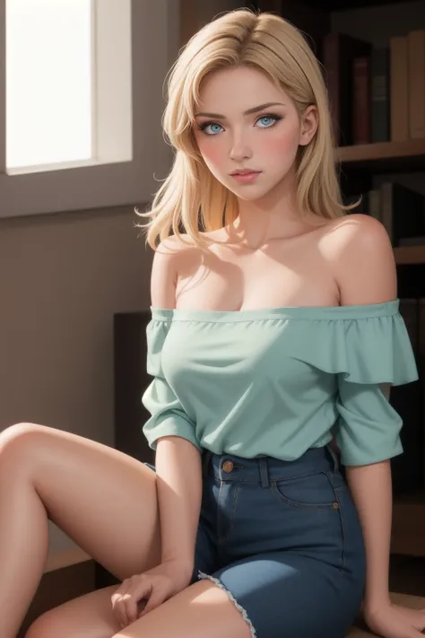 realistic, lonely girl, blonde, red eyes, brilliant eyes, parted lips, blush, sun, sunlight, off the shoulder, sitting