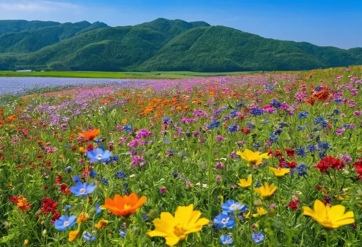 There are many different colored flowers blooming in the fields., Blue sky in the background、A big flower in front、Wildflowers, Meadow flowers, Wildflowers, Flower meadow,