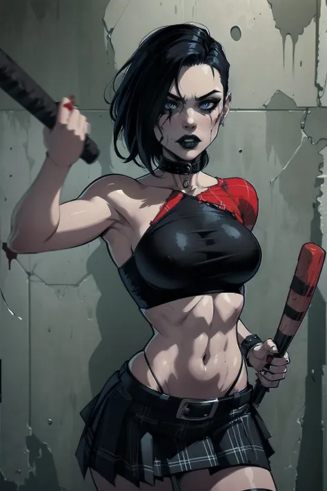 a woman with short black hair, hair on shoulders,  wearing a black cropped  and plaid skirt, blue eyes, zombie art, gothic art, ...