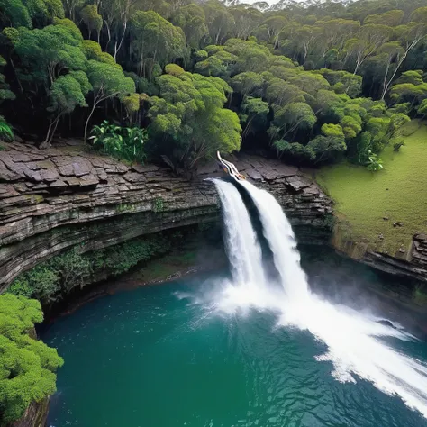 A brave Australian adventurer woman is diving from the top of a high waterfall into the lake below to avoid the cannibals pursuing her