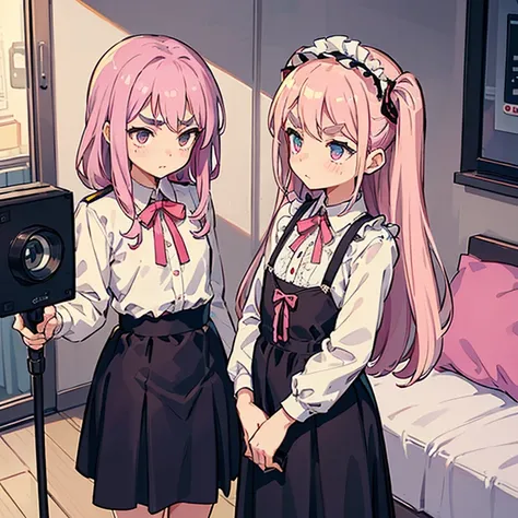 Girls with pink hair, long double-tailed hairstyle, ((small pink bushy eyebrows)), dressed in lolita clothes, marked vagina, lolicon (Zankuro) drawing style by zankuro artist, Zancro style, image uploaded to R34, changing of clothes in a room, looking away...